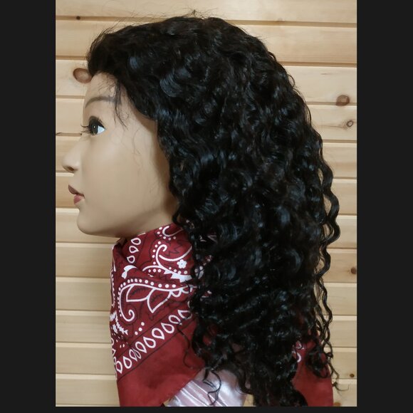 Human Hair with Seamless Flip-Over Drawstring Half Wig, 18" Natural Black - Picture 2 of 10